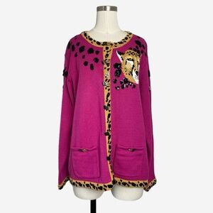 Storybook Knits Bright pink leopard face cardigan sequin knit maximalist bold L